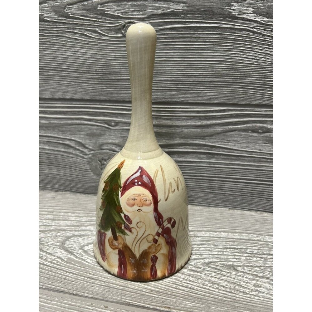 Merry Christmas Ceramic Bell Santa Claus & Tree Holiday Decor 8” Hand Painted